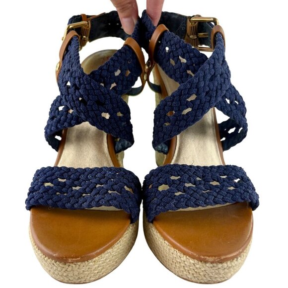 Lilly Pulitzer Kelsey Espadrille Wedge Platform Sandals in Navy & Tan Size 8 M - Picture 4 of 12